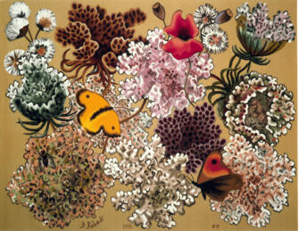 Un coquelicot et deux papillons